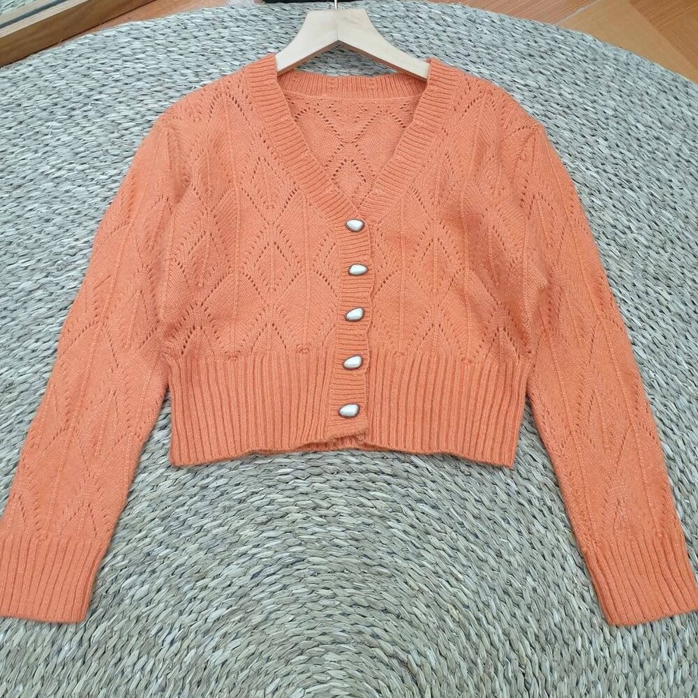 Orange Pointelle Knit Cardigan White Button Crop Cottagecore 🧡